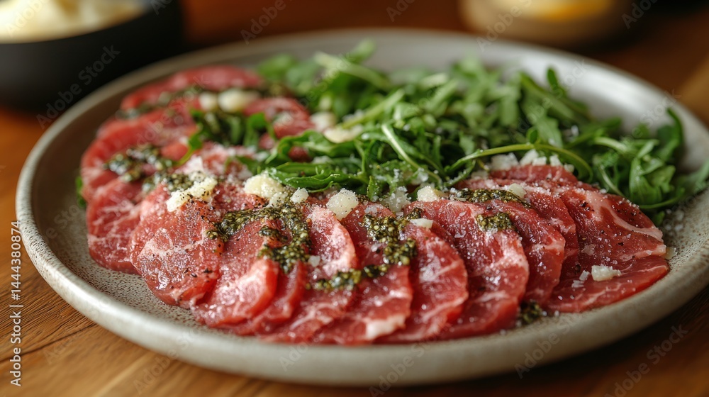 Sliced raw meat dish with green garnish served on a gray plate. Sliced raw meat dish with green garnish served on a gray plate.