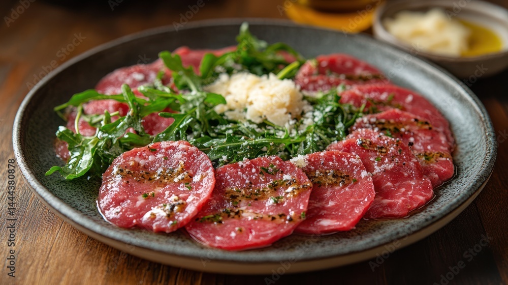 Plate of sliced meat with green garnish and grated topping on wooden table. Plate of sliced meat with green garnish and grated topping on wooden table.
