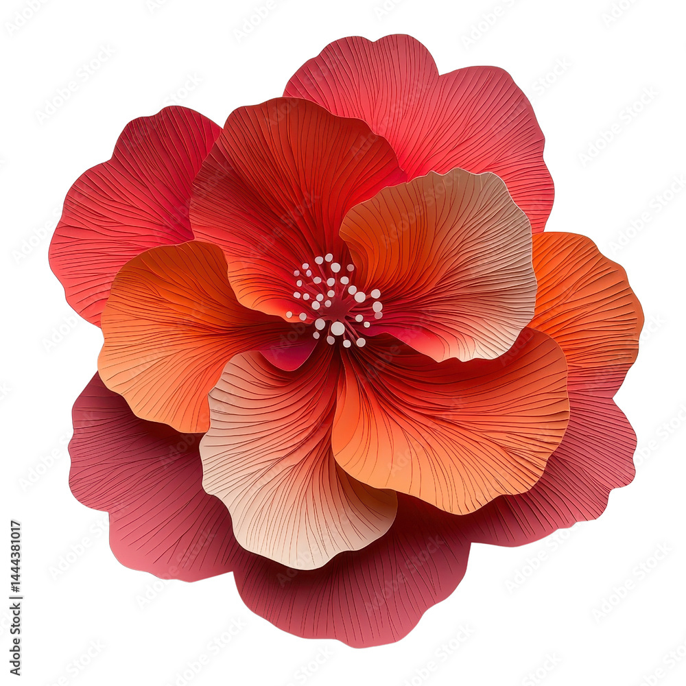Paper art depiction of a hibiscus flower, with textured layers, isolated on white background. cutout png