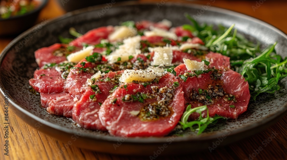 Plate of beef carpaccio with arugula and parmesan cheese on a wooden surface. Plate of beef carpaccio with arugula and parmesan cheese on a wooden surface.