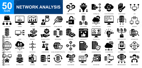 Network Analysis icon set collection. Cloud compunting, seo and web, data management, market research, digital service icon. Simple glyph vector.