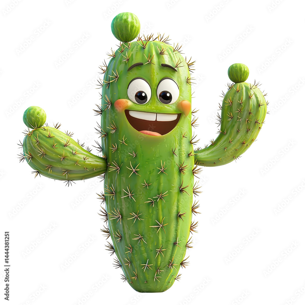 3D cartoon cactus, whimsical character design, isolated on a white background. cutout png
