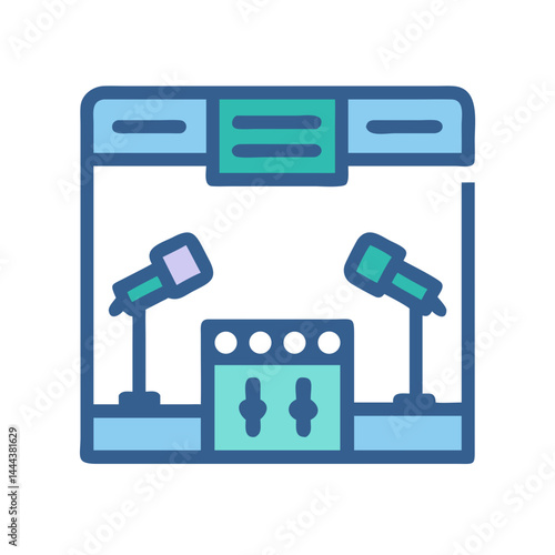 Podcast studio equipment, microphone and audio console icon