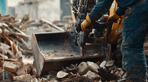 Construction Worker Operating a Bulldozer Amidst Debris