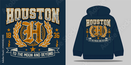 Vintage Varsity Houston Slogan with Grunge Effect, perfect for graphic tees, sweatshirts, and hoodies. Retro design with grunge texture, ideal for streetwear. Vector illustration