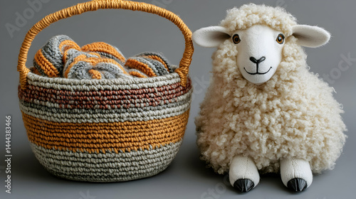Knitted basket with colorful yarn and a sheep figurine against gray background