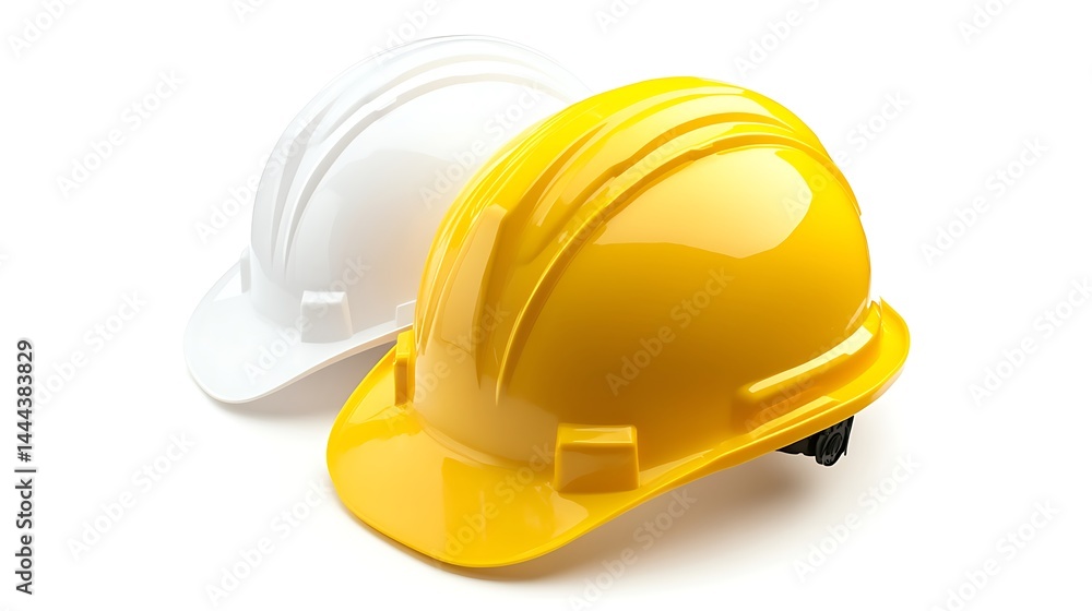 Fototapeta premium Yellow and White Hard Hats Protective Safety Gear on White Background Close Up View