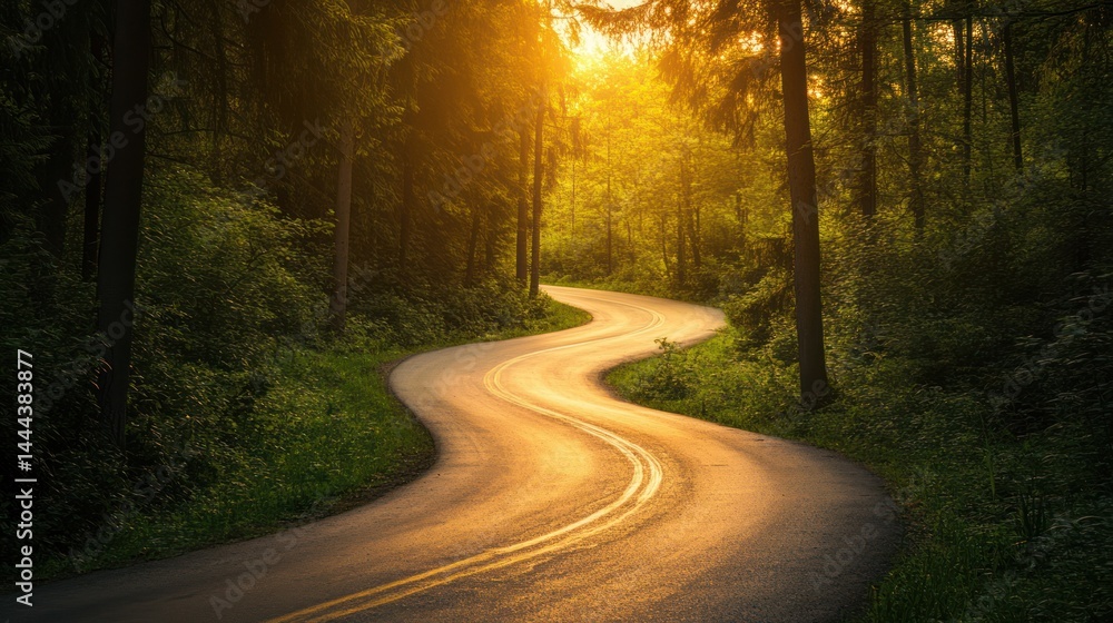 Fototapeta premium Serene Sunset Drive: Winding Road Through Lush Forest