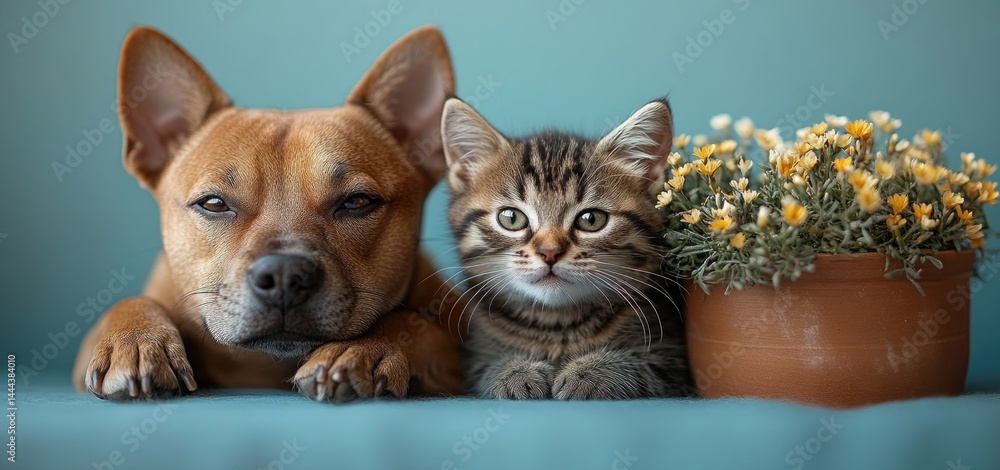Adorable Dog and Kitten Friends Posing Together with Flowers