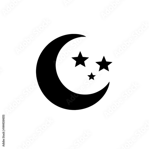 Simple crescent moon and two-star black icon symbolizing night, sleep, or celestial body themes.