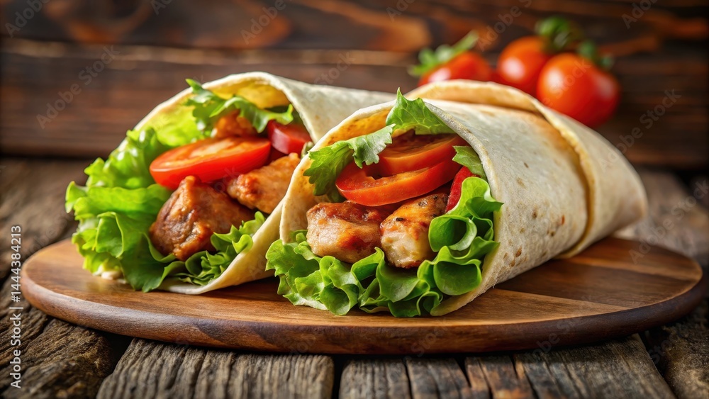 Sizzling BBQ chicken wrapped in a tortilla with crunchy lettuce and tomato, juicy, grilled, juicy, grilled, food Sizzling BBQ chicken wrapped in a tortilla with crunchy lettuce and tomato, juicy, grilled, juicy, grilled, food