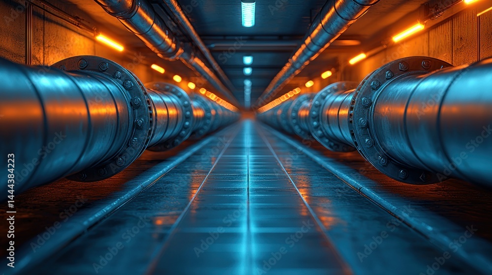 Fototapeta premium Illuminated pipes stretching down industrial corridor