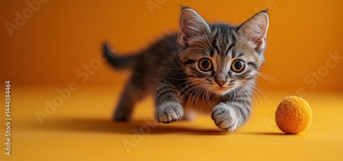 Obraz na płótnie Adorable Kitten Playing with a Ball on Orange Background w salonie