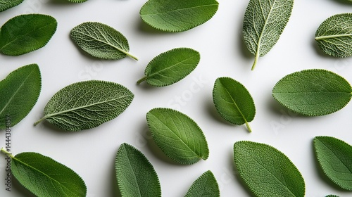 Fresh green sage leaves natural herbal pattern background food plant white vista macro detail design