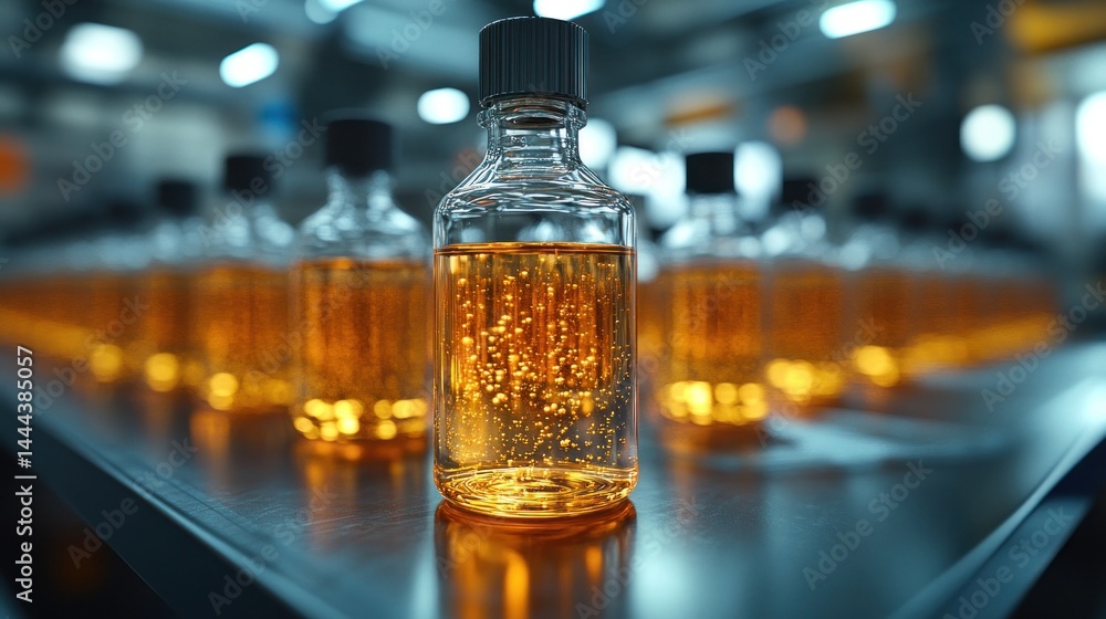 Golden Liquid in Glass Bottles on Conveyor Belt in a Factory Golden Liquid in Glass Bottles on Conveyor Belt in a Factory