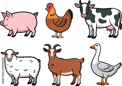 Collection of Cute Farm Animals in a Flat Style