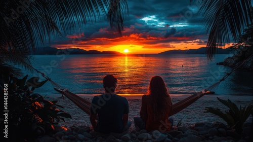Loving couple sitting together on a beach watching the beautiful sunset while relaxing in a hammock between palm trees