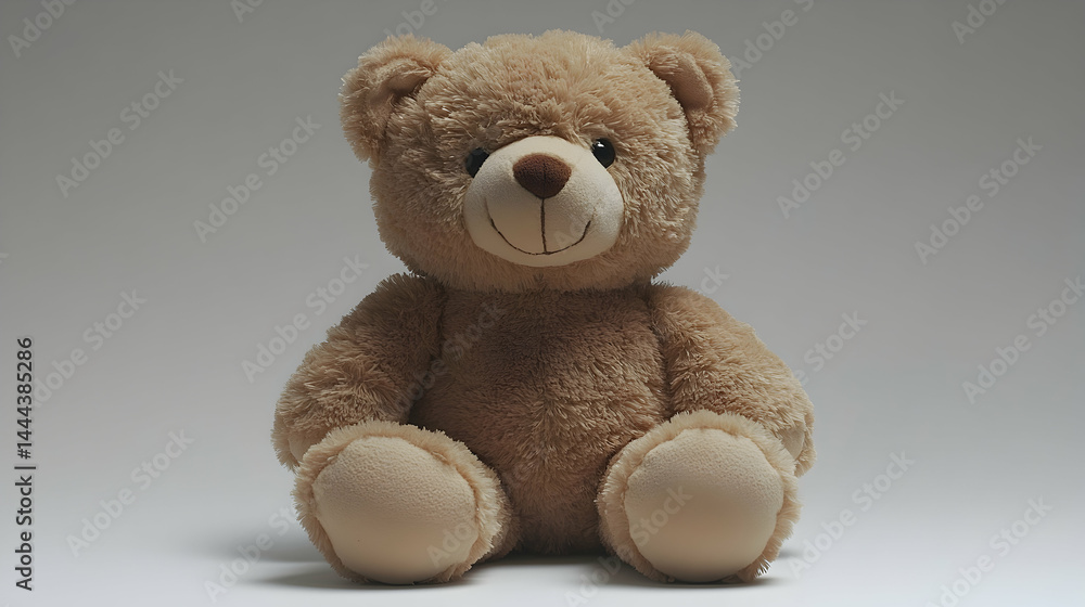 Fototapeta premium A fluffy brown teddy bear sits upright its round body contrasting with the plain background