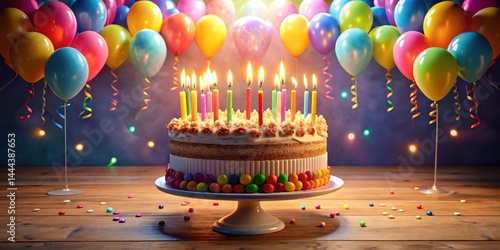 A majestic birthday cake standing tall with twenty-one radiant candles shining brightly in the center of a lively room filled with balloons and streamers , lively, center