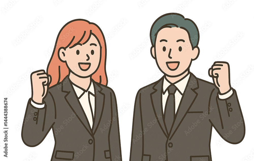 ガッツポーズをする男女ビジネスマンのイラスト – モチベーション・チームワークの象徴 ガッツポーズをする男女ビジネスマンのイラスト – モチベーション・チームワークの象徴