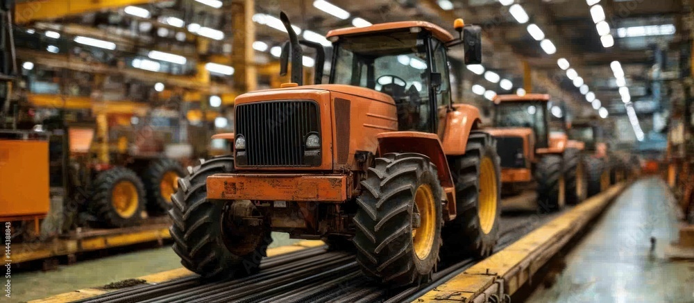 Tractors on factory conveyor, industrial setting Tractors on factory conveyor, industrial setting