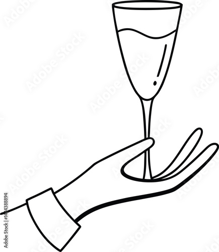 Single line art of a human hand holding a champagne glass celebrating with minimal elegance great for party decor event posters or sophisticated graphic design