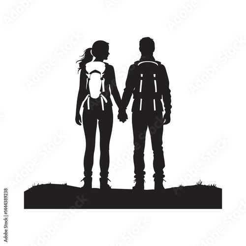 Couple Outdoors Vector Silhouette, Group of Hiking man Silhouettes. hiker with backpack and rucksacks silhouette.
