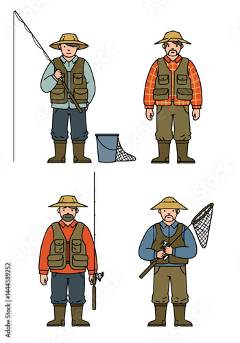 A set of 4 simple flat design fisherman characters in unique outfits and poses with fishing gear, on a clean white background.