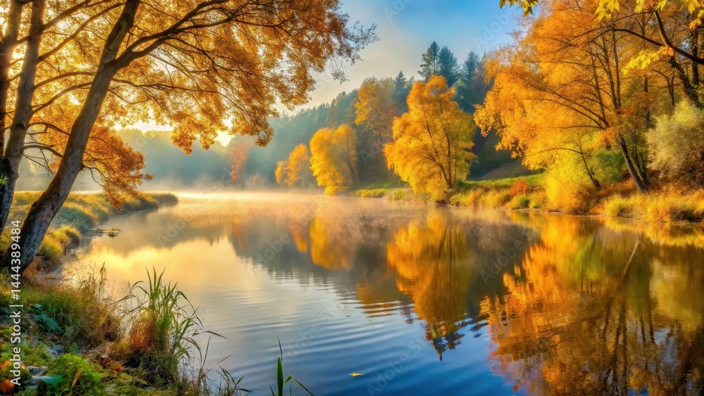 Serene riverbank with golden autumn foliage, misty morning atmosphere Serene riverbank with golden autumn foliage, misty morning atmosphere