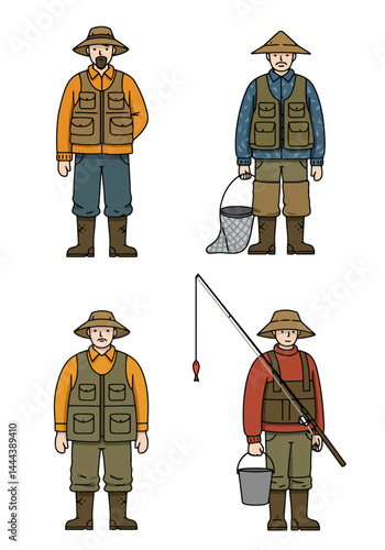 A set of 4 simple flat design fisherman characters in unique outfits and poses with fishing gear, on a clean white background.