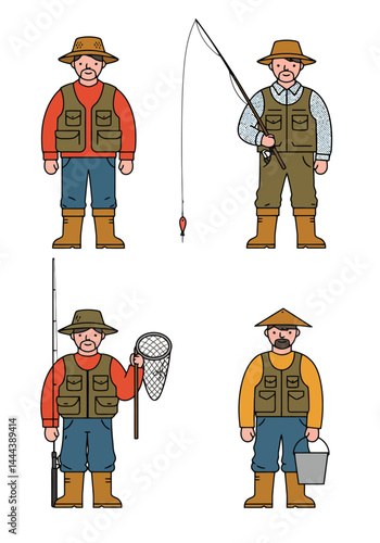 A set of 4 simple flat design fisherman characters in unique outfits and poses with fishing gear, on a clean white background.