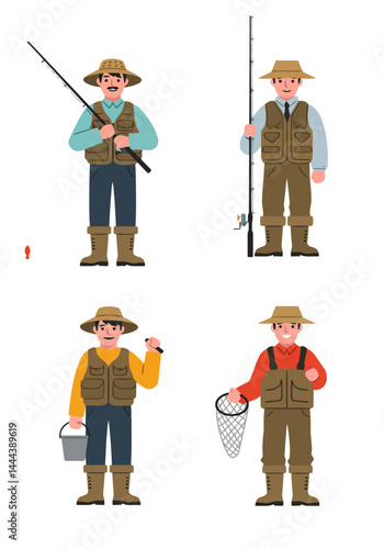 A set of 4 simple flat design fisherman characters in unique outfits and poses with fishing gear, on a clean white background.