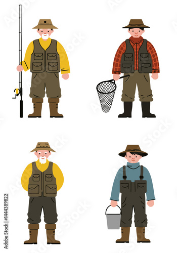 A set of 4 simple flat design fisherman characters in unique outfits and poses with fishing gear, on a clean white background.