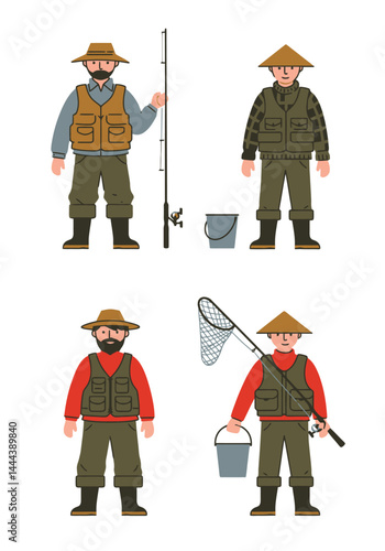 A set of 4 simple flat design fisherman characters in unique outfits and poses with fishing gear, on a clean white background.