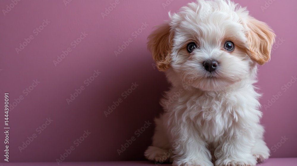 Adorable Fluffy Puppy on Pink Background