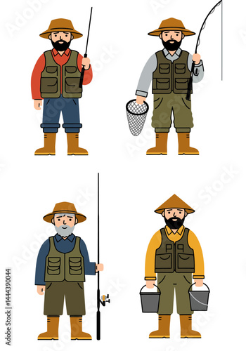 A set of 4 simple flat design fisherman characters in unique outfits and poses with fishing gear, on a clean white background.