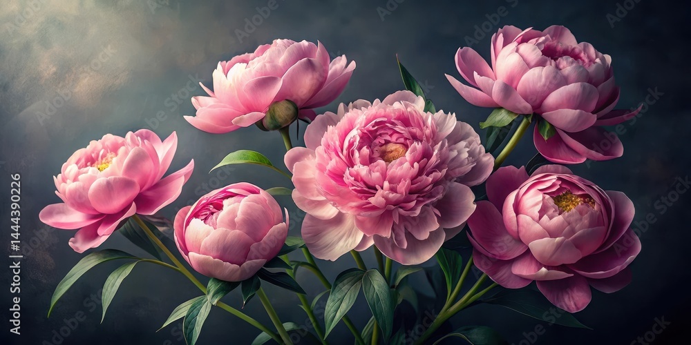 Delicate hyper realistic pink peonies unfolding in a lush arrangement against a dark velvety background with subtle texture and depth effect, dark background, garden Delicate hyper realistic pink peonies unfolding in a lush arrangement against a dark velvety background with subtle texture and depth effect, dark background, garden