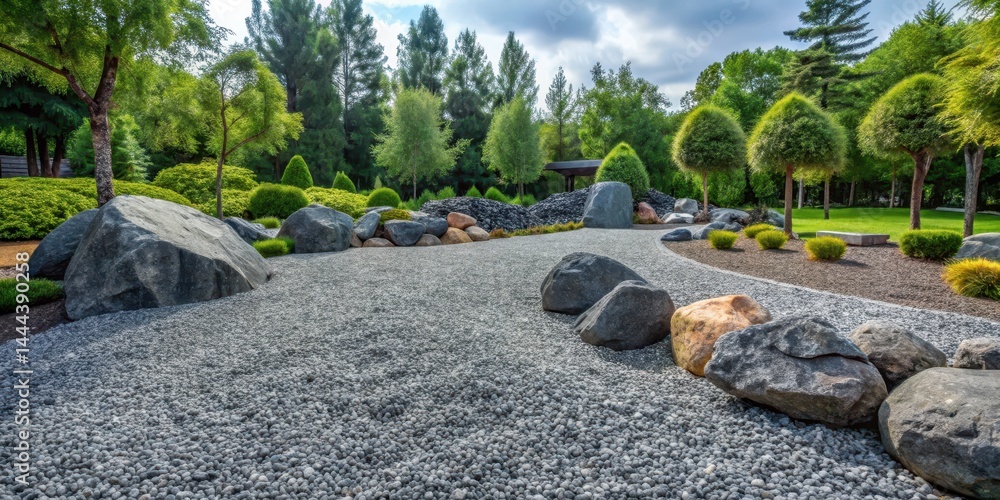 Fototapeta premium Dark grey crushed stone landscape with boulders and trees , gravel, crushed stone, gravel,crushed stone