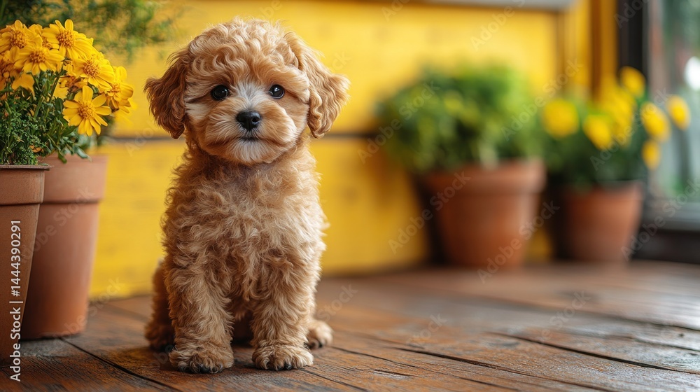 Adorable Toy Poodle Puppy Posing in a Yellow Garden Setting