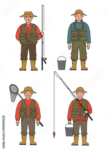 A set of 4 simple flat design fisherman characters in unique outfits and poses with fishing gear, on a clean white background.