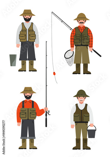 A set of 4 simple flat design fisherman characters in unique outfits and poses with fishing gear, on a clean white background.