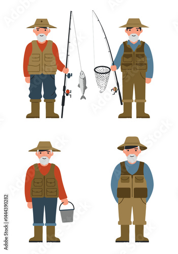 A set of 4 simple flat design fisherman characters in unique outfits and poses with fishing gear, on a clean white background.
