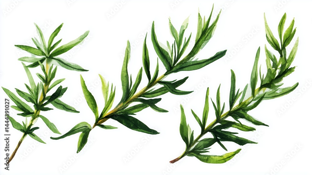 Fototapeta premium Watercolor representation of fresh organic herbs showcasing natural beauty and vibrant colors for culinary inspiration
