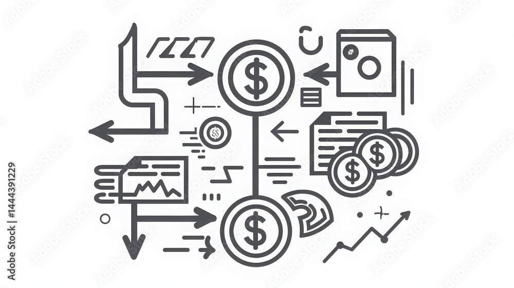 Outline icon of arrows flowing between different financial icons like coins and bills. Outline icon of arrows flowing between different financial icons like coins and bills.