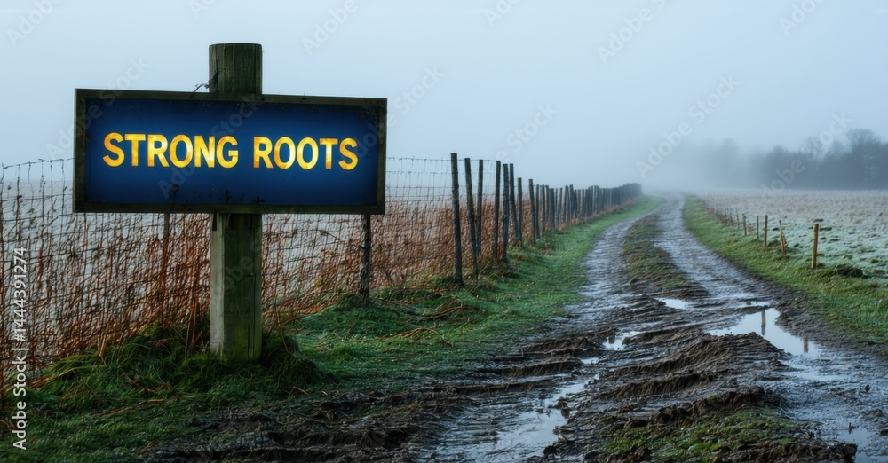 Bold sign strong roots in blue and gold glowing on wooden post near country path with tire ruts mud and fog covered fence line Bold sign strong roots in blue and gold glowing on wooden post near country path with tire ruts mud and fog covered fence line