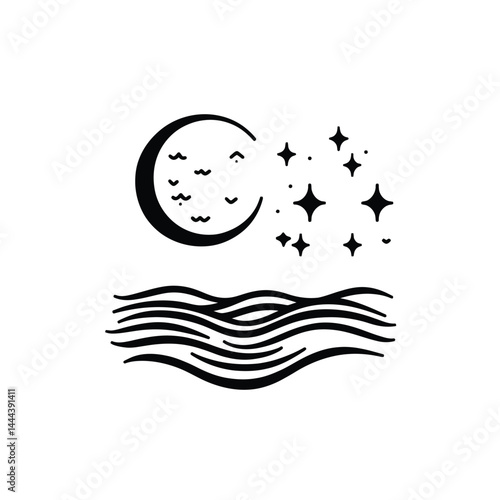Crescent Moon with Waves and Sparkling Stars on Transparent Background Design