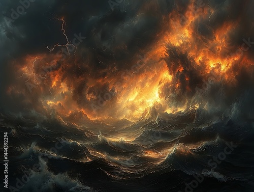 Fiery storm engulfing raging sea