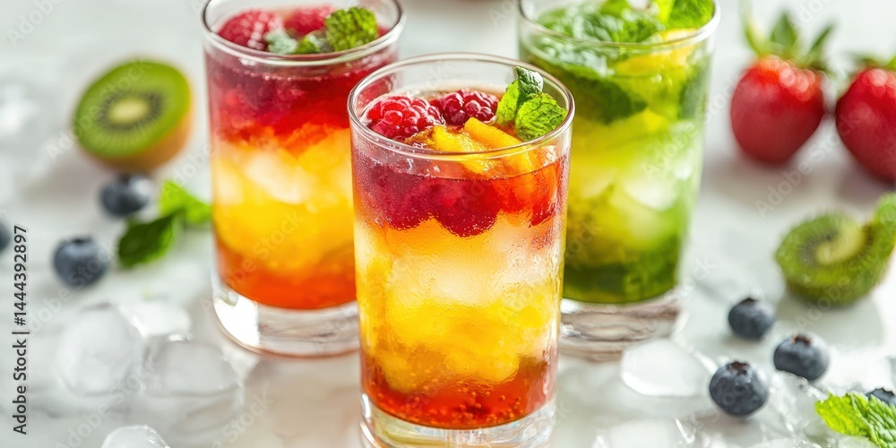 A colorful mocktail in a highball glass with layered fruit flavors. A colorful mocktail in a highball glass with layered fruit flavors.