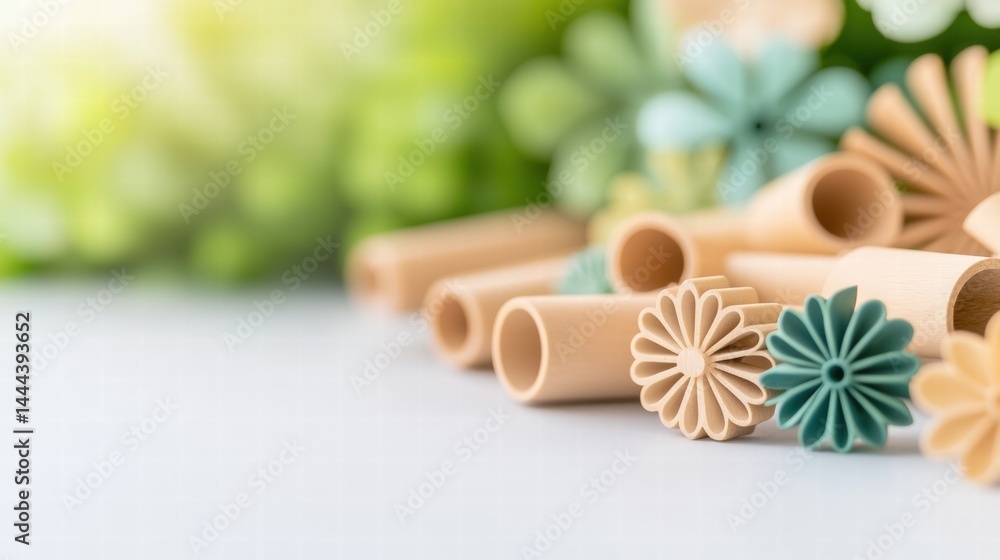 Beautifully crafted wooden flowers in various colors arranged in an artistic display on a surface Beautifully crafted wooden flowers in various colors arranged in an artistic display on a surface