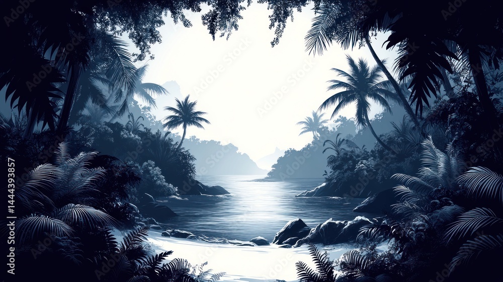 Serene Tropical Cove: A Monochromatic Paradise